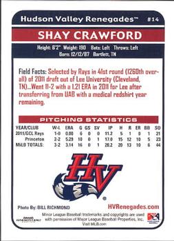 2012 Grandstand Hudson Valley Renegades #NNO Shay Crawford Back