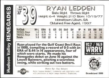1999 Grandstand Hudson Valley Renegades #NNO Ryan Ledden Back