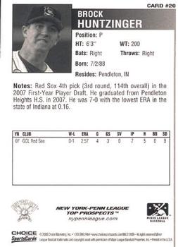 2008 Choice New York-Penn League Top Prospects #20 Brock Huntzinger Back