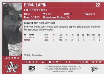 2008 MultiAd Asheville Tourists #16 Brian Lapin Back