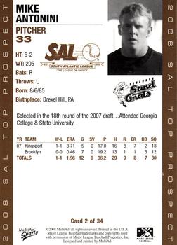 2008 MultiAd South Atlantic League Top Prospects #2 Mike Antonini Back