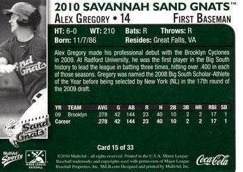 2010 MultiAd Savannah Sand Gnats #15 Alex Gregory Back