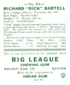 1985 Galasso 1938 Goudey Heads Up (reprint) #272 Dick Bartell Back