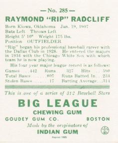 1985 Galasso 1938 Goudey Heads Up (reprint) #285 Rip Radcliff Back