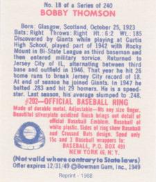 1988 1949 Bowman Reprint #18 Bobby Thomson Back
