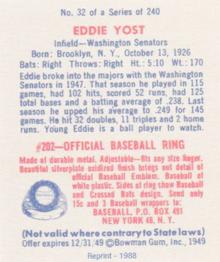 1988 1949 Bowman Reprint #32 Eddie Yost Back