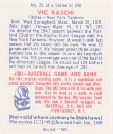 1988 1949 Bowman Reprint #35 Vic Raschi Back