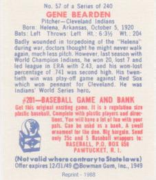 1988 1949 Bowman Reprint #57 Gene Bearden Back