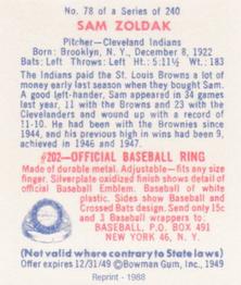 1988 1949 Bowman Reprint #78 Sam Zoldak Back