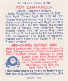 1988 1949 Bowman Reprint #84 Roy Campanella Back