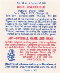 1988 1949 Bowman Reprint #91 Dick Wakefield Back