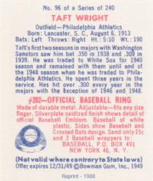 1988 1949 Bowman Reprint #96 Taft Wright Back