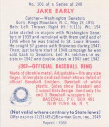 1988 1949 Bowman Reprint #106 Jake Early Back