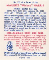 1988 1949 Bowman Reprint #151 Mickey Harris Back