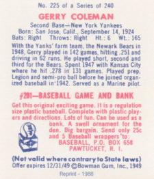 1988 1949 Bowman Reprint #225 Jerry Coleman Back