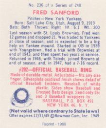 1988 1949 Bowman Reprint #236 Fred Sanford Back