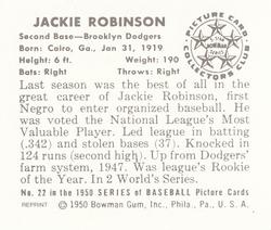 1986 Card Collectors 1950 Bowman (Reprint) #22 Jackie Robinson Back