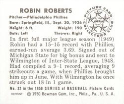 1986 Card Collectors 1950 Bowman (Reprint) #32 Robin Roberts Back