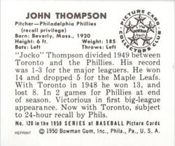 1986 Card Collectors 1950 Bowman (Reprint) #120 Jocko Thompson Back