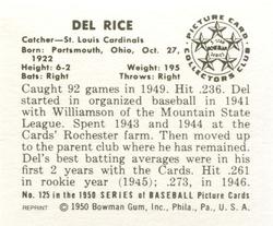 1986 Card Collectors 1950 Bowman (Reprint) #125 Del Rice Back