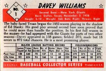 1983 Card Collectors 1953 Bowman Color Reprint #1 Davey Williams Back