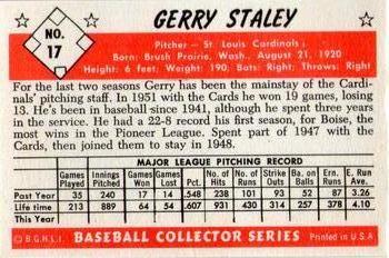 1983 Card Collectors 1953 Bowman Color Reprint #17 Jerry Staley Back