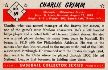 1983 Card Collectors 1953 Bowman Color Reprint #69 Charlie Grimm Back
