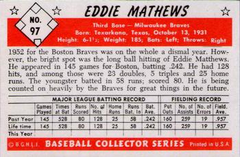 1983 Card Collectors 1953 Bowman Color Reprint #97 Eddie Mathews Back