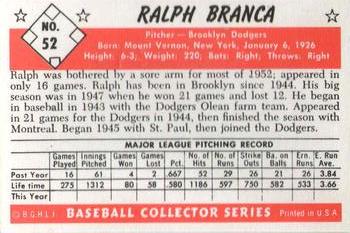 1983 Card Collectors 1953 Bowman Black & White Reprint #52 Ralph Branca Back