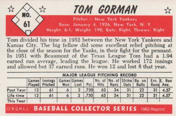 1983 Card Collectors 1953 Bowman Black & White Reprint #61 Tom Gorman Back