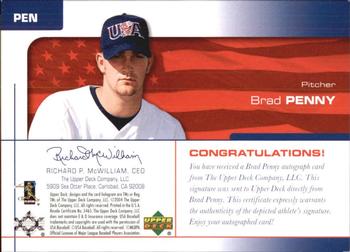2004 Upper Deck USA 25th Anniversary - Signatures Black Ink #PEN Brad Penny Back