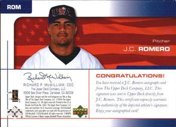 2004 Upper Deck USA 25th Anniversary - Signatures Red Ink #ROM J.C. Romero Back