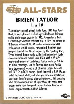1992-93 Fleer Excel - All-Stars #1 Brien Taylor Back
