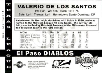 1998 Grandstand Texas League Top Prospects #NNO Valerio De Los Santos Back