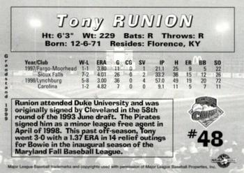 1999 Grandstand Altoona Curve #NNO Tony Runion Back