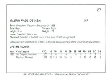 1991 Chong Modesto A's #27 Glenn Osinski Back