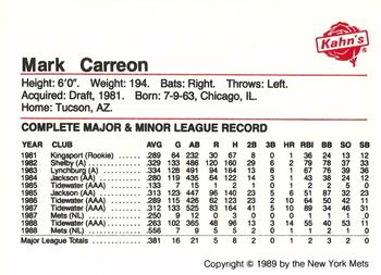 1989 Kahn's New York Mets #NNO Mark Carreon Back