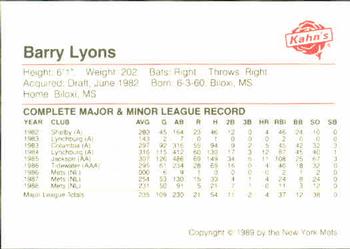 1989 Kahn's New York Mets #NNO Barry Lyons Back