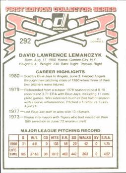 1981 Donruss #292 Dave Lemanczyk Back