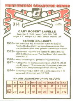 1981 Donruss #314 Gary Lavelle Back