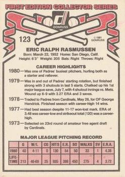 1981 Donruss #123 Eric Rasmussen Back