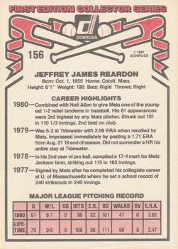 1981 Donruss #156 Jeff Reardon Back