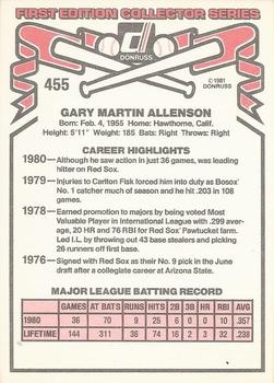 1981 Donruss #455 Gary Allenson Back