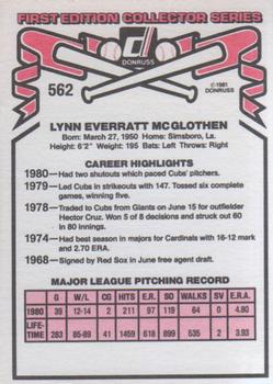 1981 Donruss #562 Lynn McGlothen Back