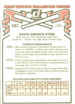 1981 Donruss #582 Dave Stieb Back