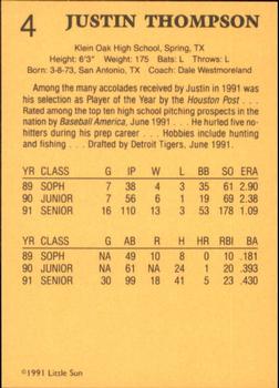 1991 Little Sun High School Prospects #4 Justin Thompson Back