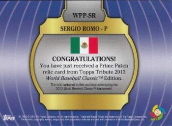 2013 Topps Tribute WBC - Prime Patches Orange #WPP-SR Sergio Romo Back