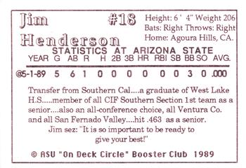 1989 Arizona State Sun Devils #NNO Jim Henderson Back