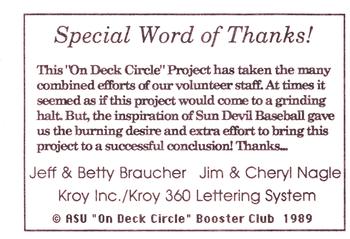 1989 Arizona State Sun Devils #NNO Special Word of Thanks! Back