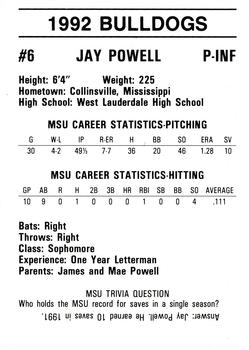 1992 Mississippi State Bulldogs #NNO Jay Powell Back